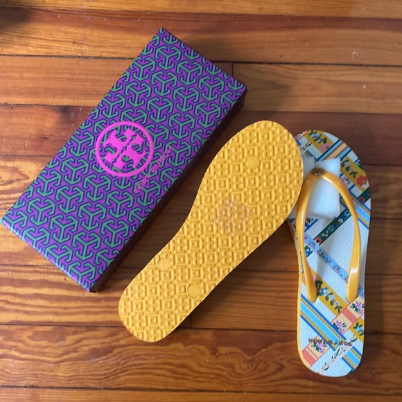 Tory Burch Yellow & White Garden Flip Flops - Picture 2 of 6